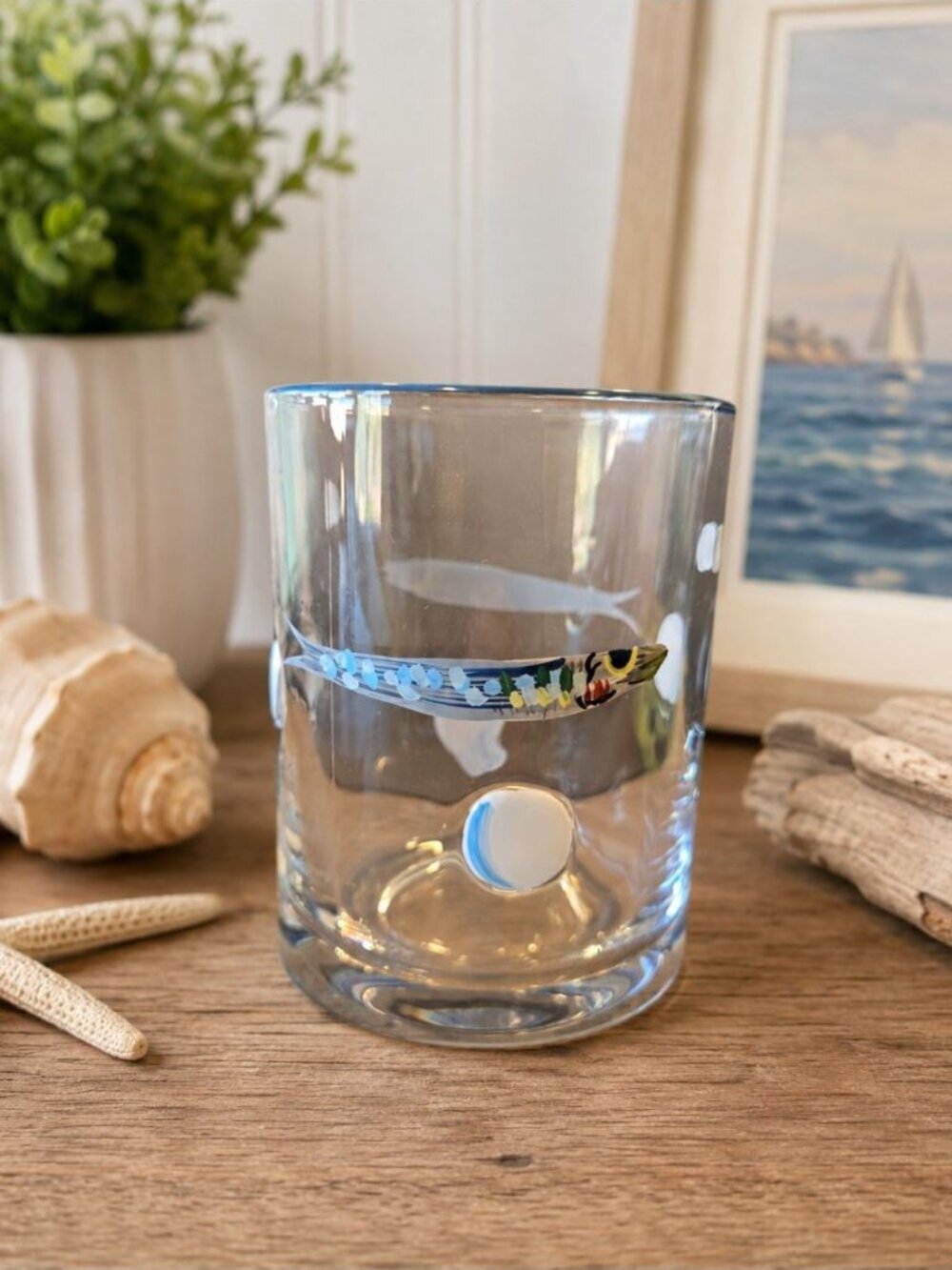 New Hand Painted Fish W/ rocks Nautical Coastal Tumbler Beverage Glasses Cup